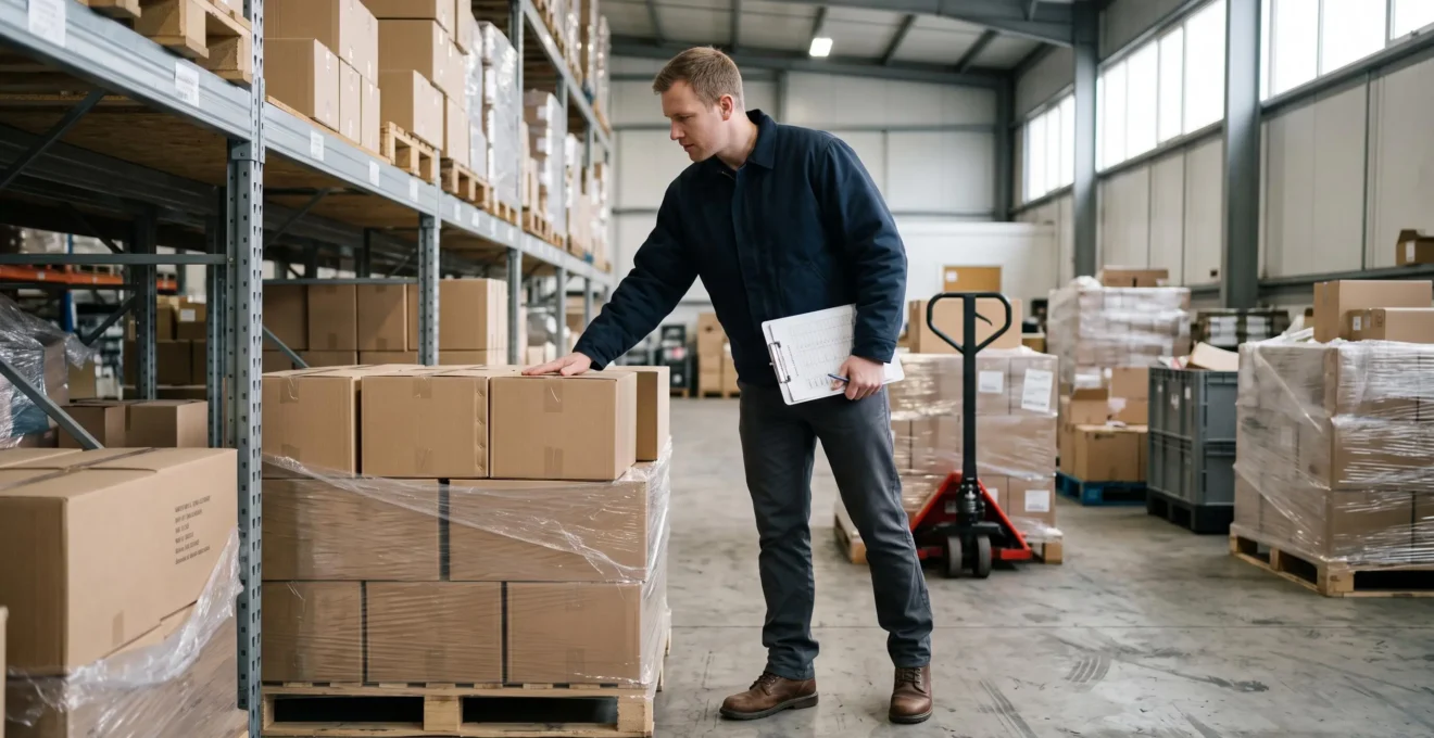Un préparateur vérifie une palette de colis scellés dans un entrepôt de distribution en France.