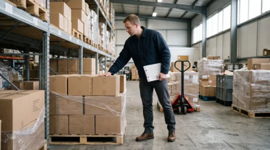 Un préparateur vérifie une palette de colis scellés dans un entrepôt de distribution en France.