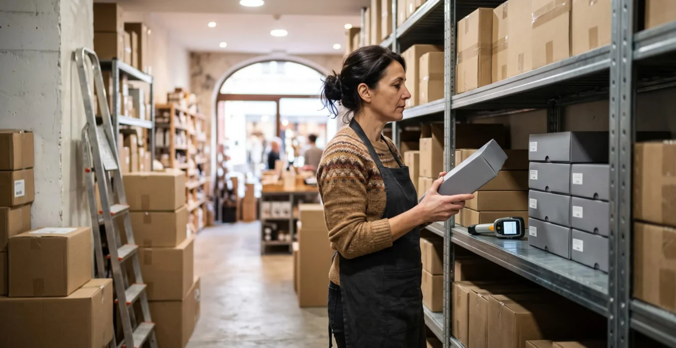 Une gérante de boutique organise des boîtes scellées sur les rayonnages de sa réserve.