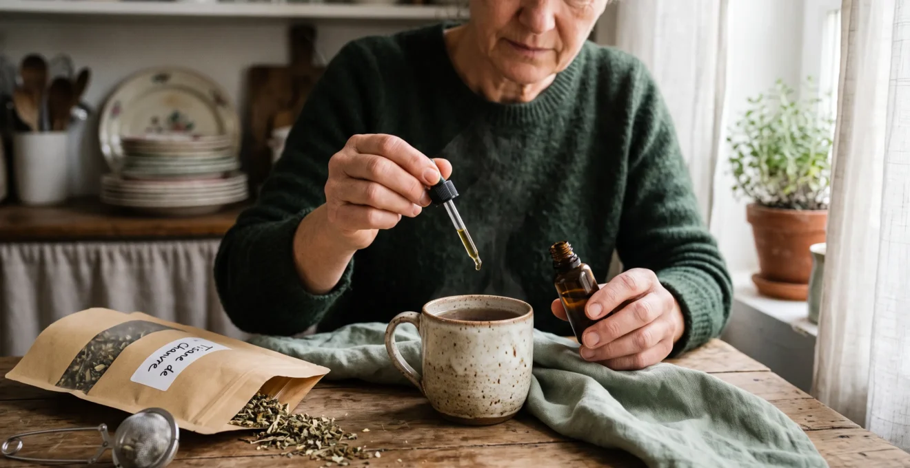 Des mains versent des gouttes d'huile de CBD dans une tasse de tisane posée sur une table en bois.