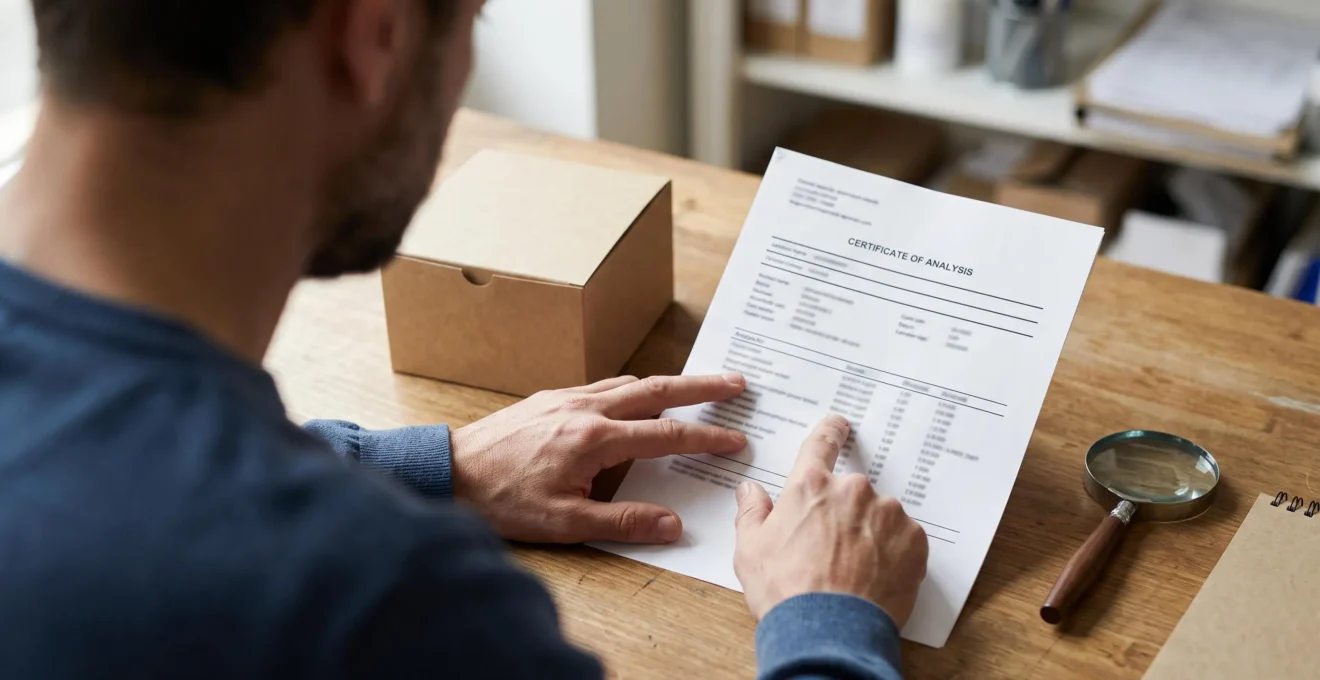 Des mains examinent un certificat d'analyse imprimé posé à côté d'un produit scellé sur une table.