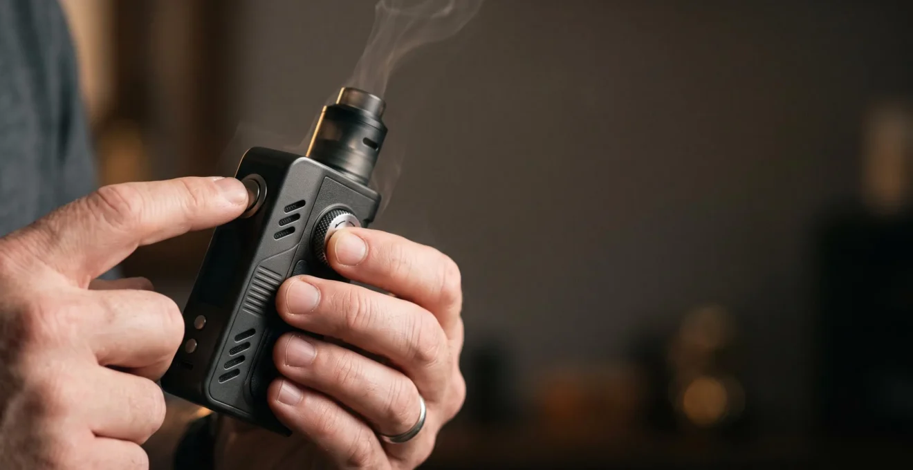 Main ajustant avec précision le réglage des watts sur une cigarette électronique, symbole de maîtrise et d'économie