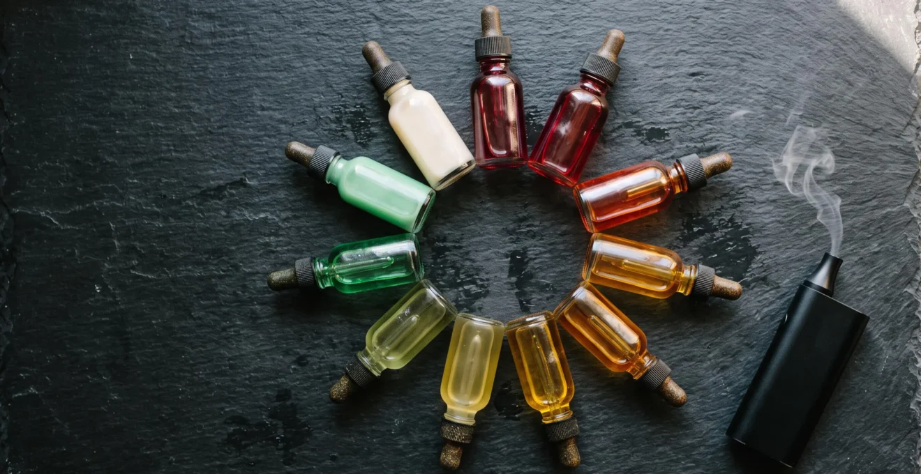 Assortiment artistique de flacons de saveurs colorés symbolisant la diversité aromatique du vapotage