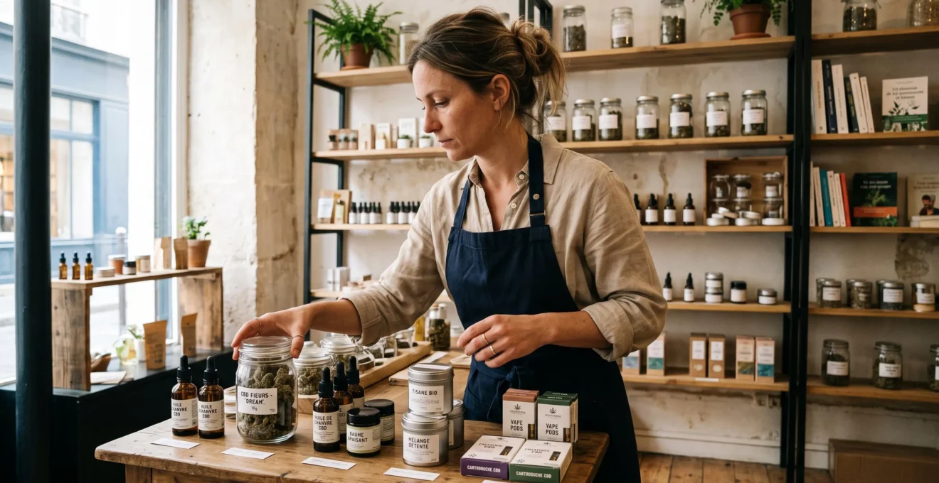 Un vendeur dispose des pots de fleurs de chanvre et de flacons d'huile sur le comptoir d'une boutique de CBD.