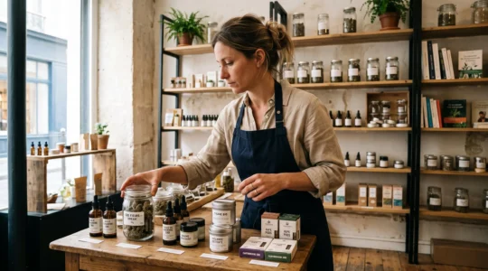 Un vendeur dispose des pots de fleurs de chanvre et de flacons d'huile sur le comptoir d'une boutique de CBD.